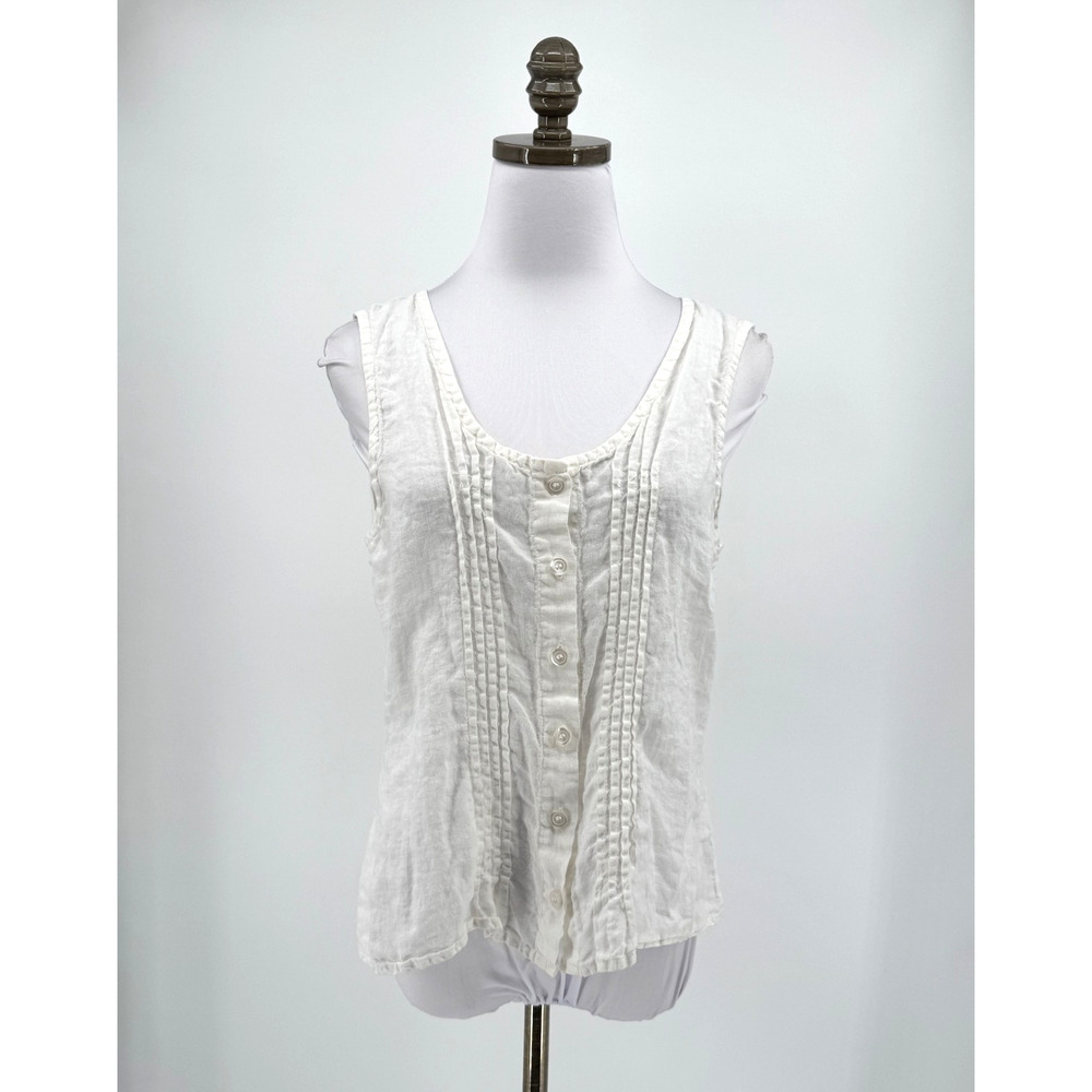 CP Shades White 100% Linen Pleated Detail Button Front Sleeveless Top Sz S